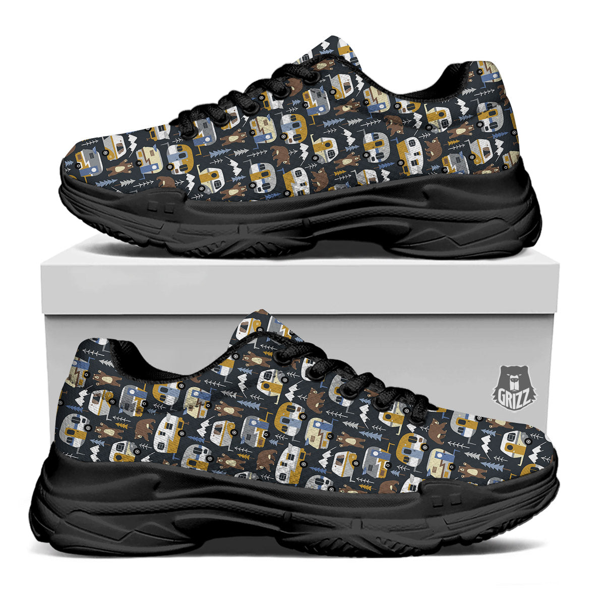 Van Camping Print Pattern Black Chunky Shoes-grizzshop