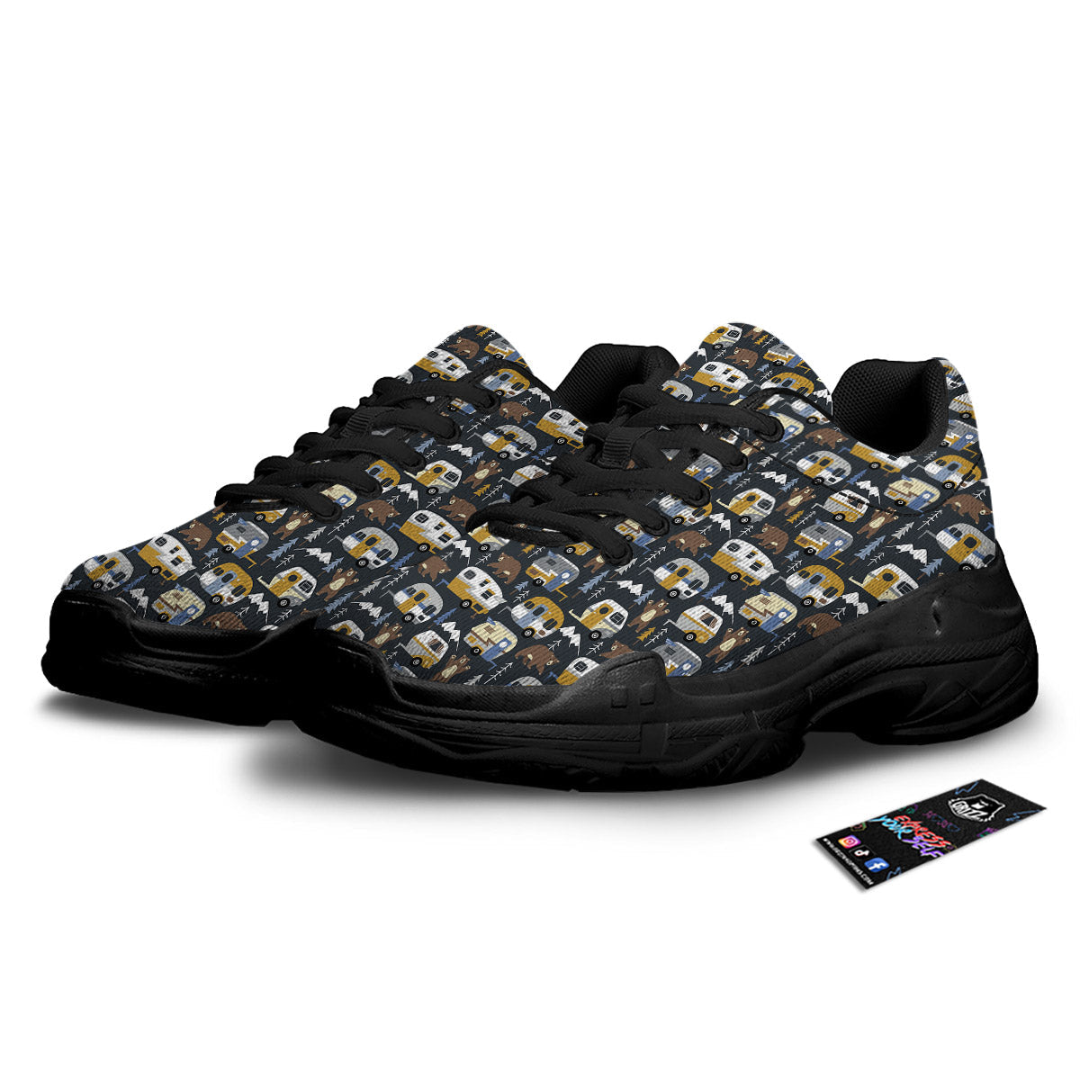 Van Camping Print Pattern Black Chunky Shoes-grizzshop
