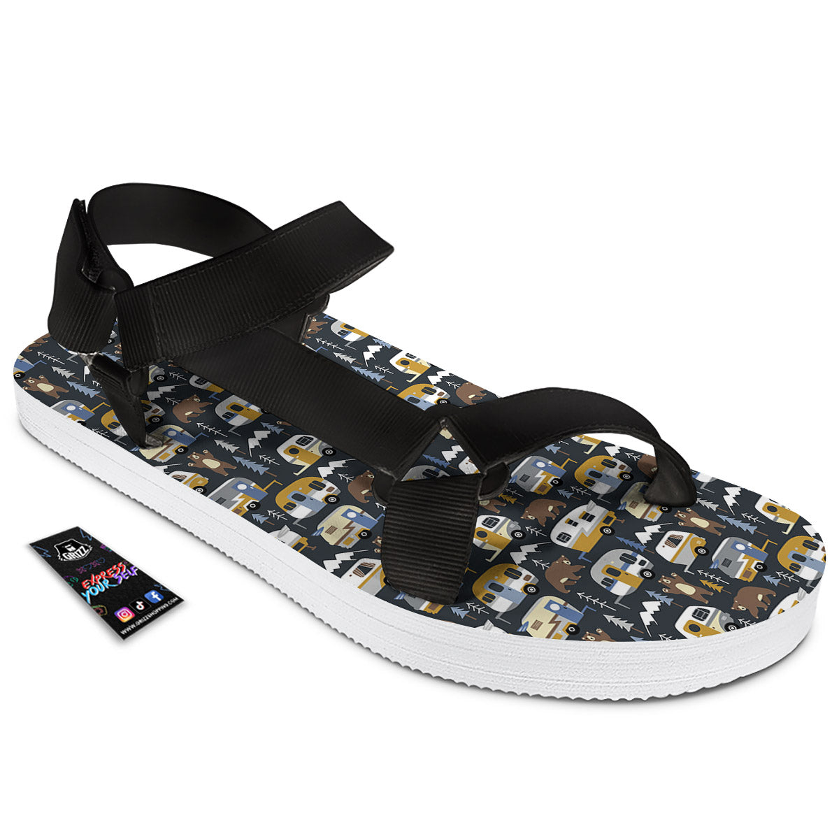 Van Camping Print Pattern Black Open Toe Sandals-grizzshop
