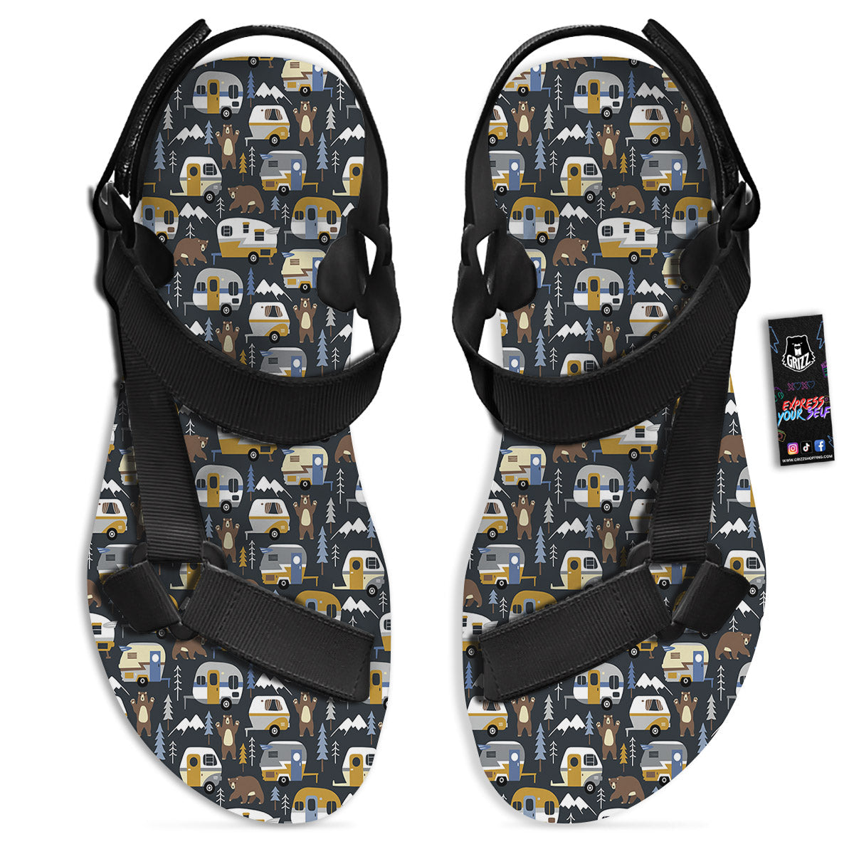Van Camping Print Pattern Black Open Toe Sandals-grizzshop