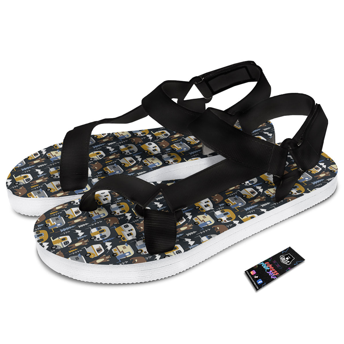 Van Camping Print Pattern Black Open Toe Sandals-grizzshop