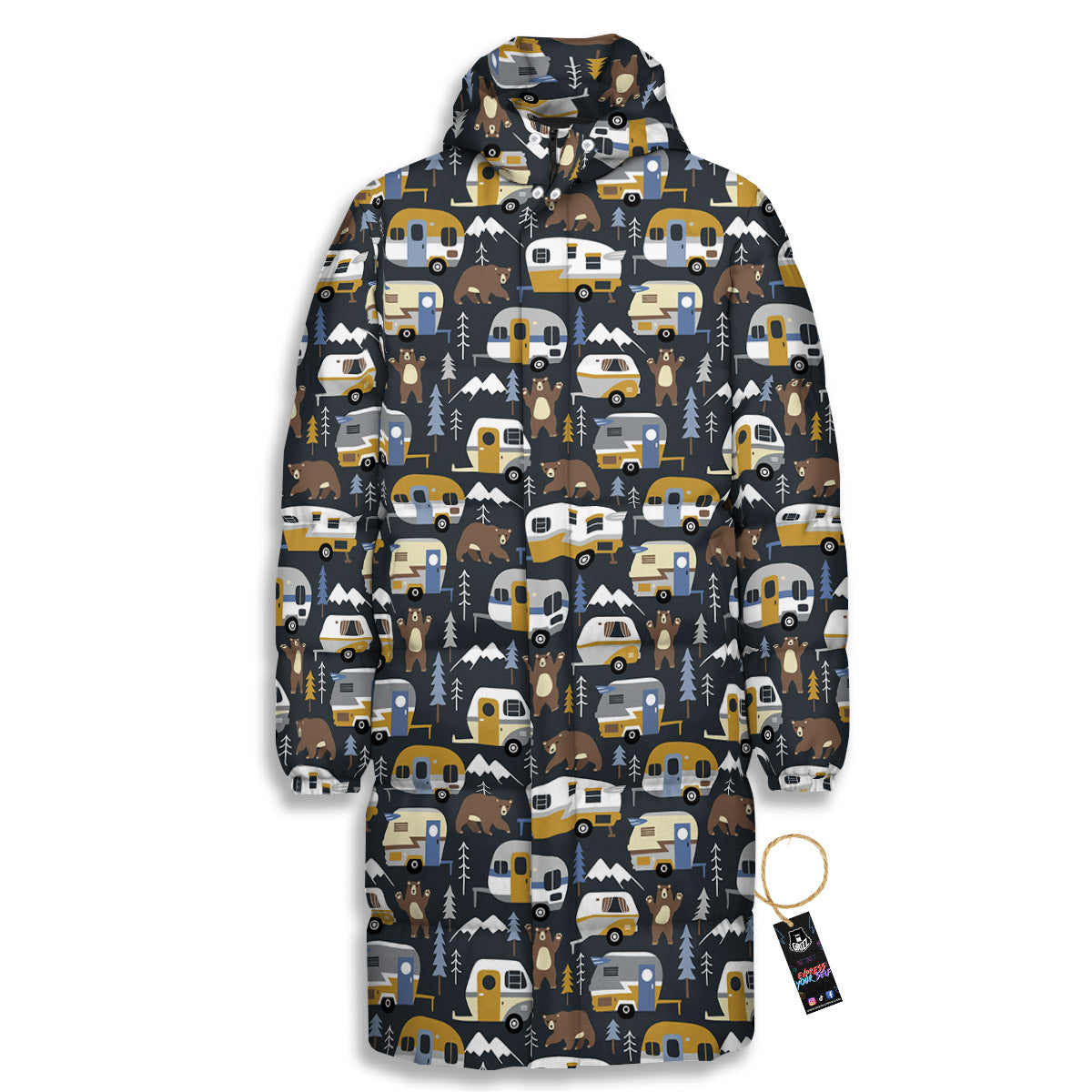 Van Camping Print Pattern Long Down Jacket-grizzshop