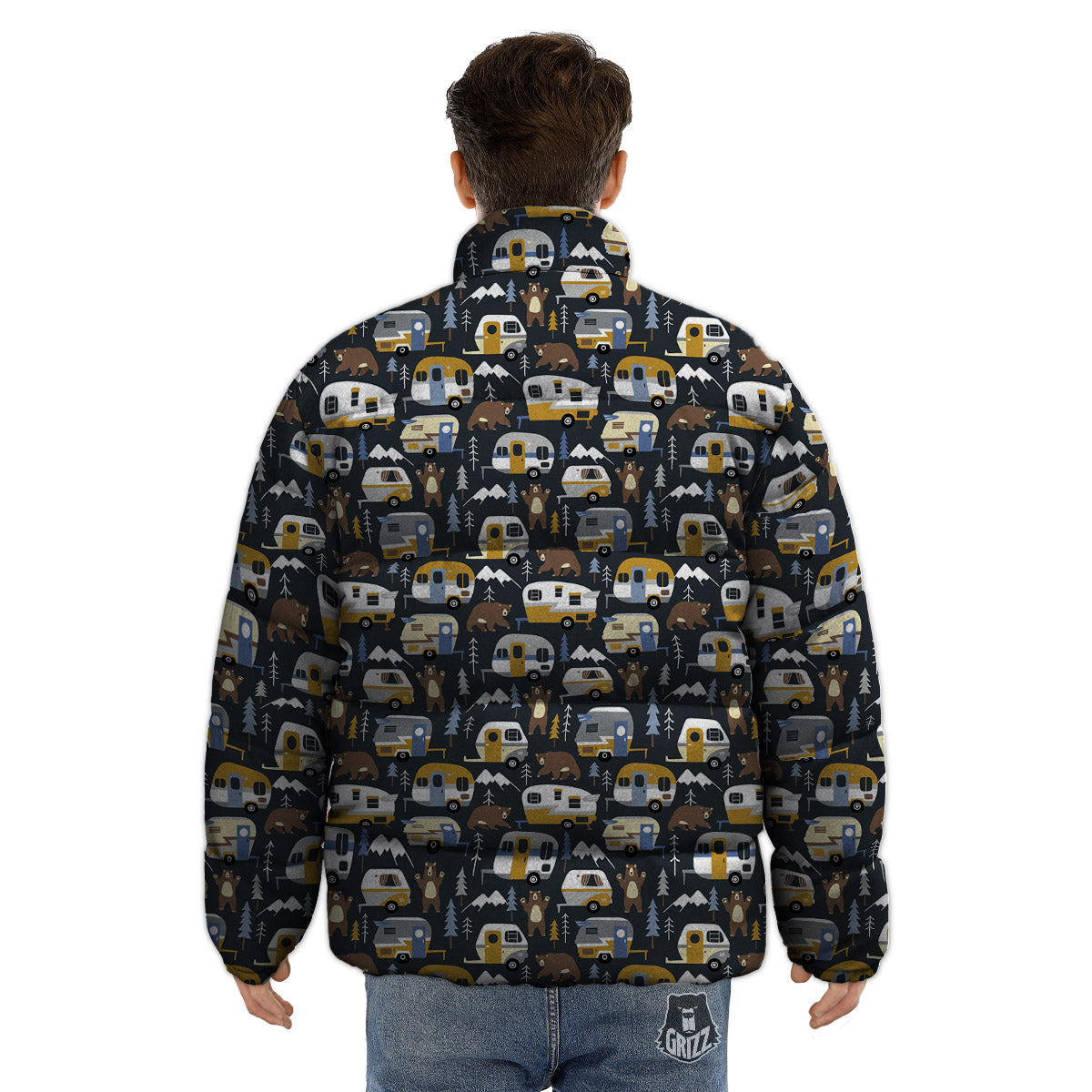Van Camping Print Pattern Puffer Jacket-grizzshop