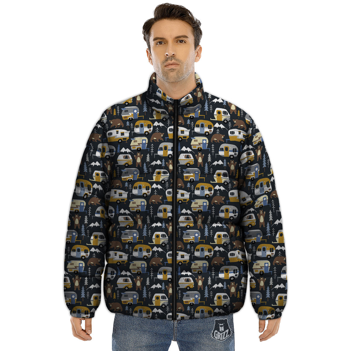 Van Camping Print Pattern Puffer Jacket-grizzshop