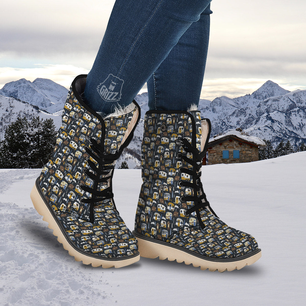 Van Camping Print Pattern Snow Boots-grizzshop