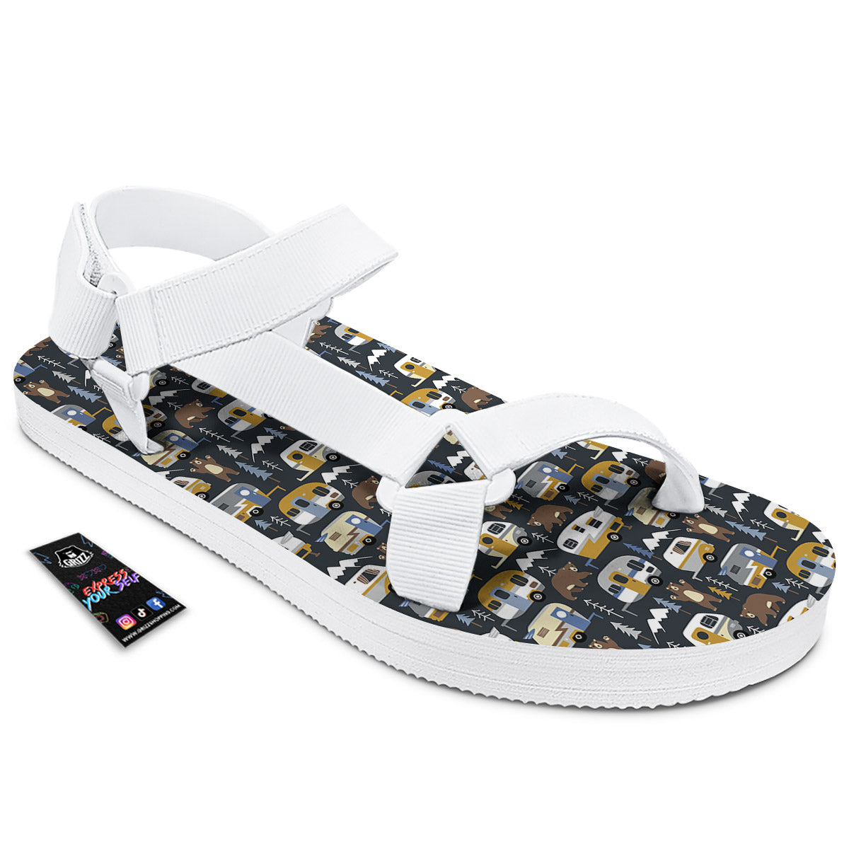 Van Camping Print Pattern White Open Toe Sandals-grizzshop