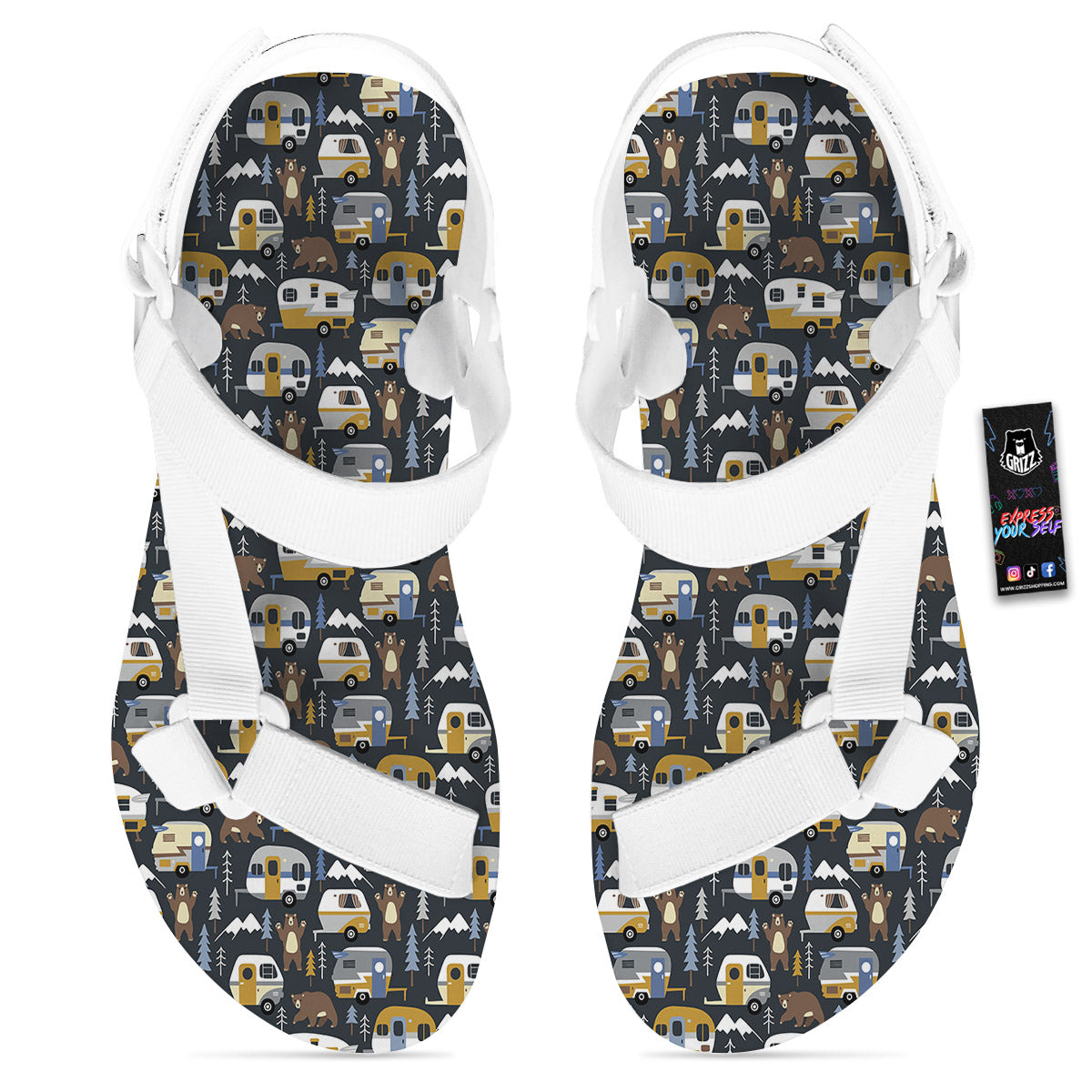 Van Camping Print Pattern White Open Toe Sandals-grizzshop