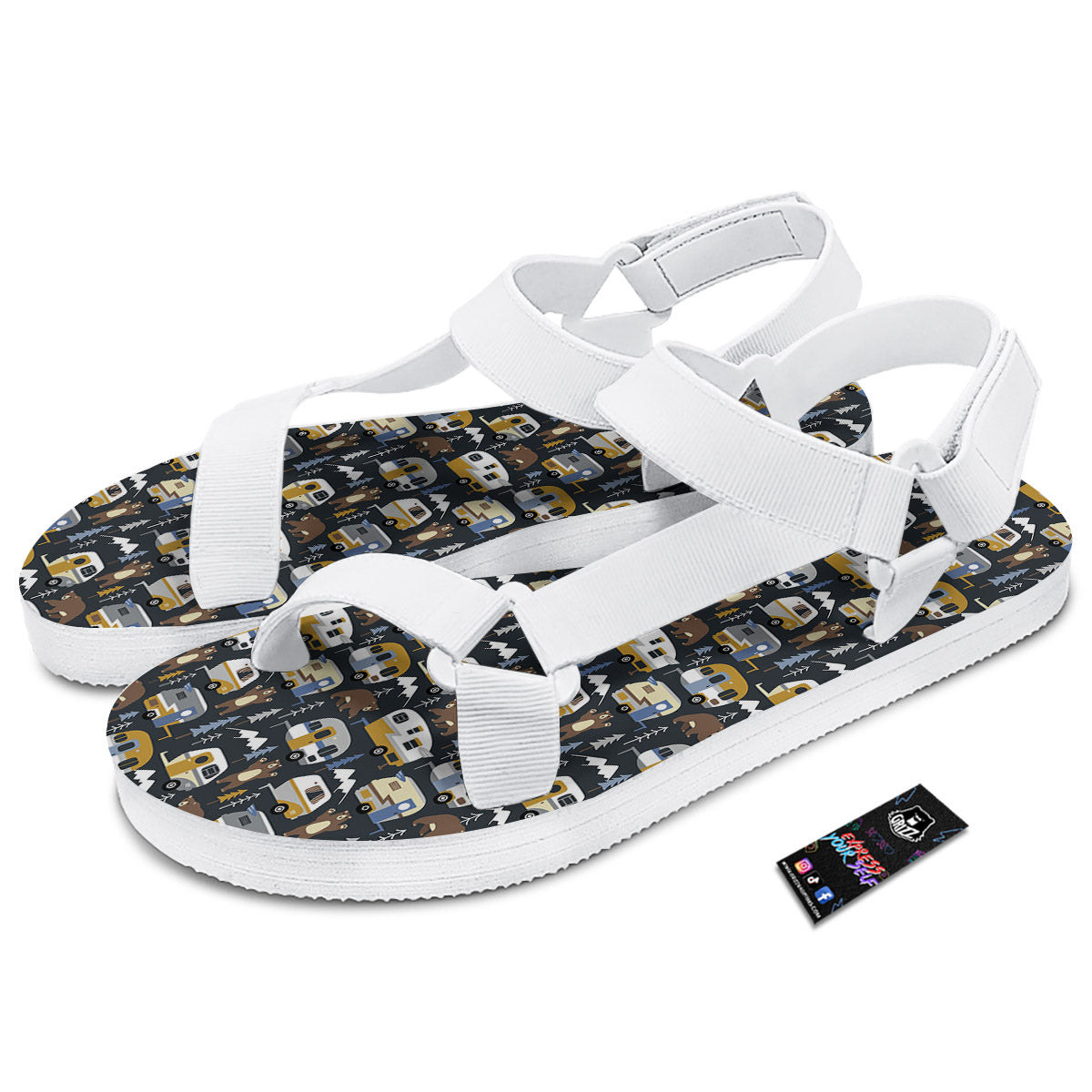 Van Camping Print Pattern White Open Toe Sandals-grizzshop