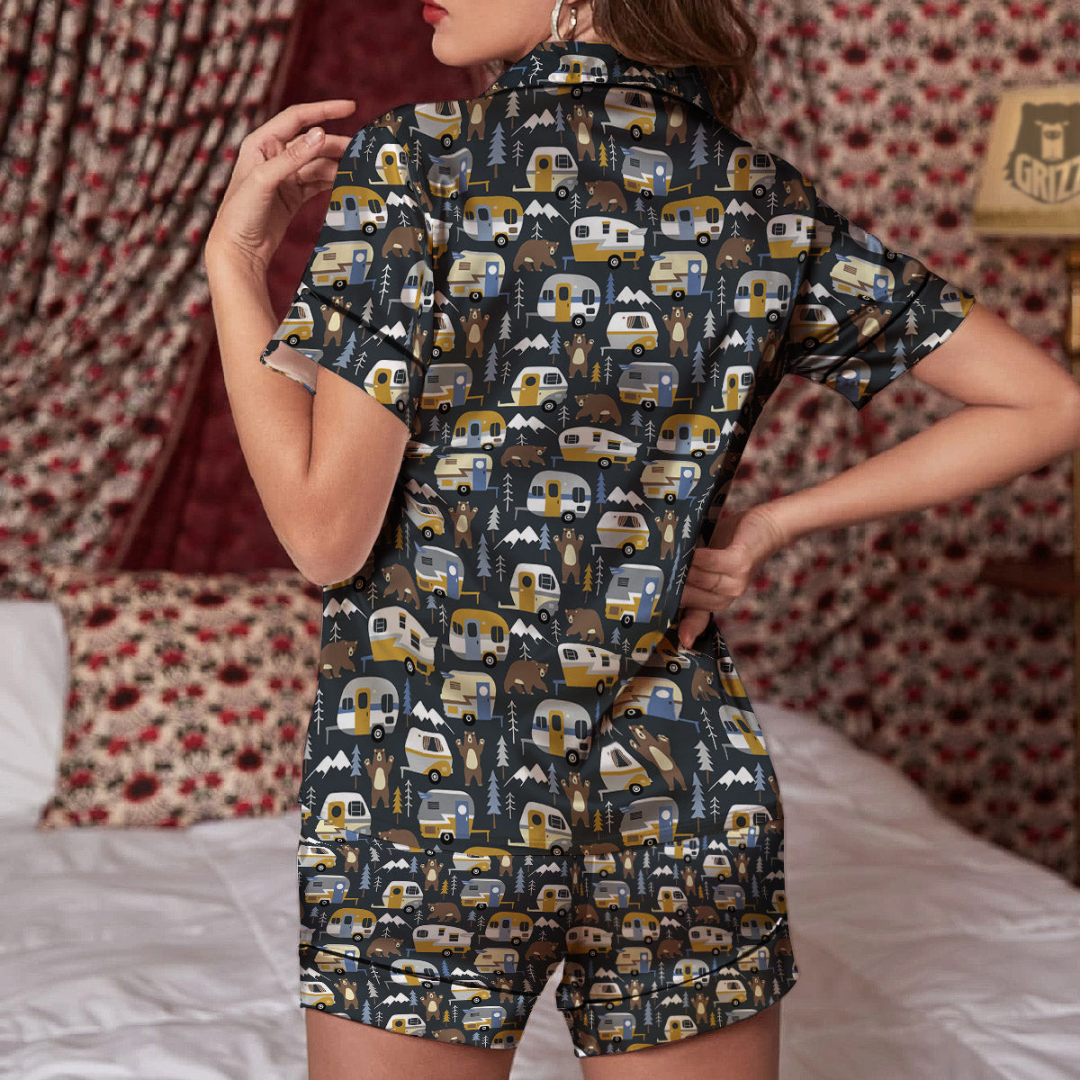 Van Camping Print Pattern Women Silk Pajamas-grizzshop
