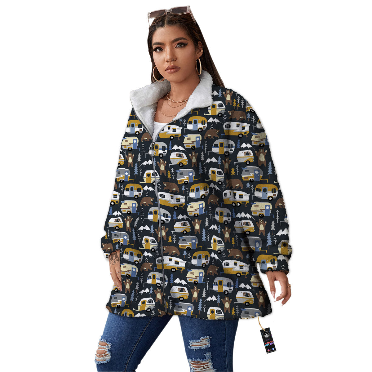 Van Camping Print Pattern Women's Sherpa Jacket-grizzshop