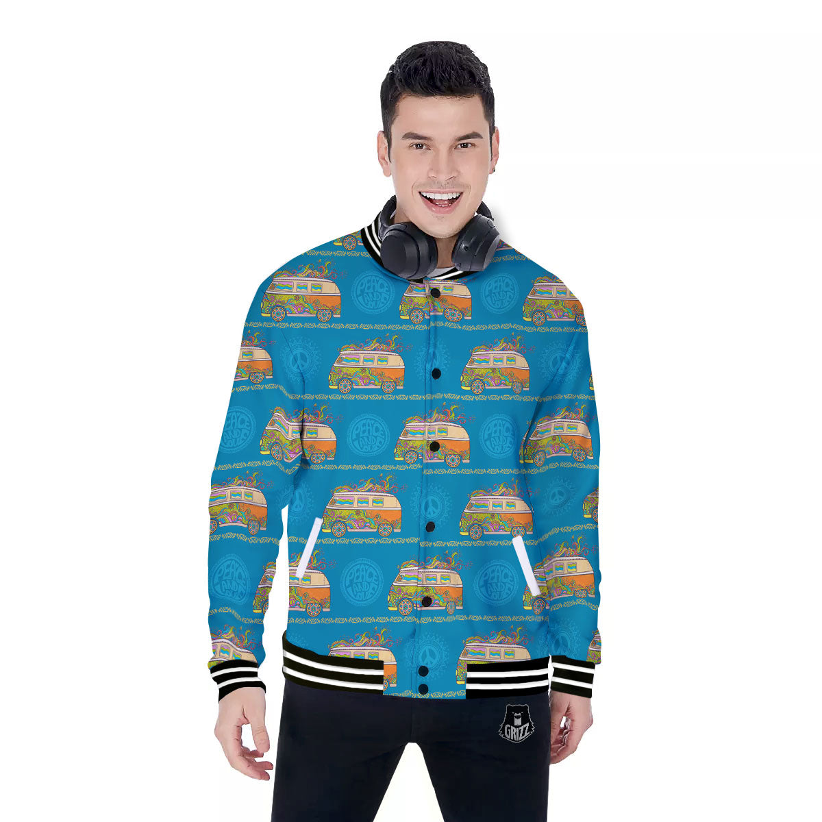 Van Hippie Vintage Print Pattern Baseball Jacket-grizzshop