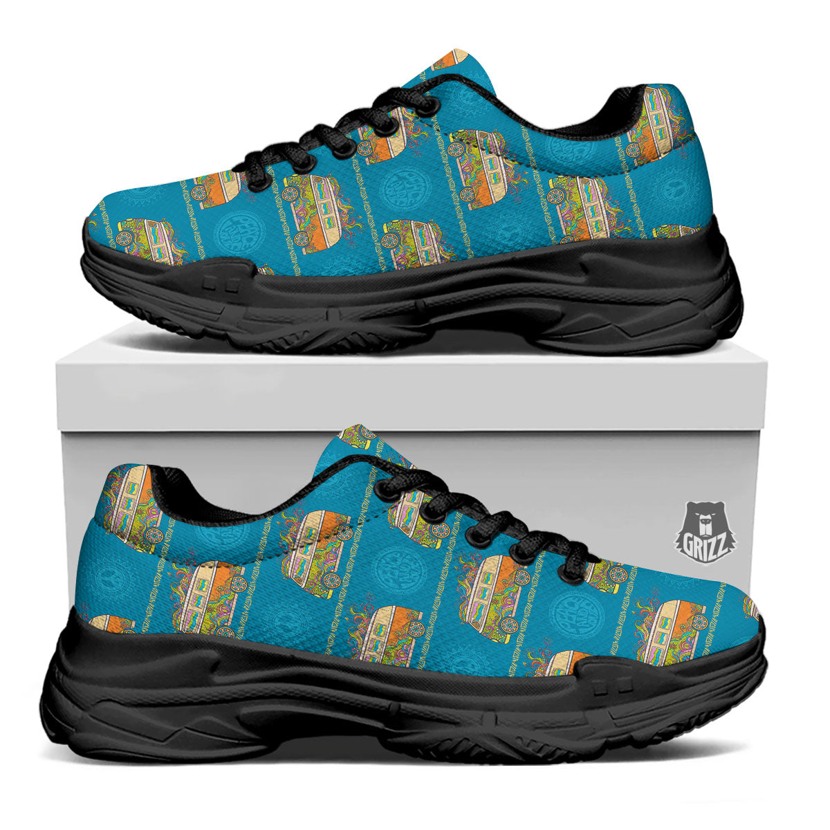 Van Hippie Vintage Print Pattern Black Chunky Shoes-grizzshop