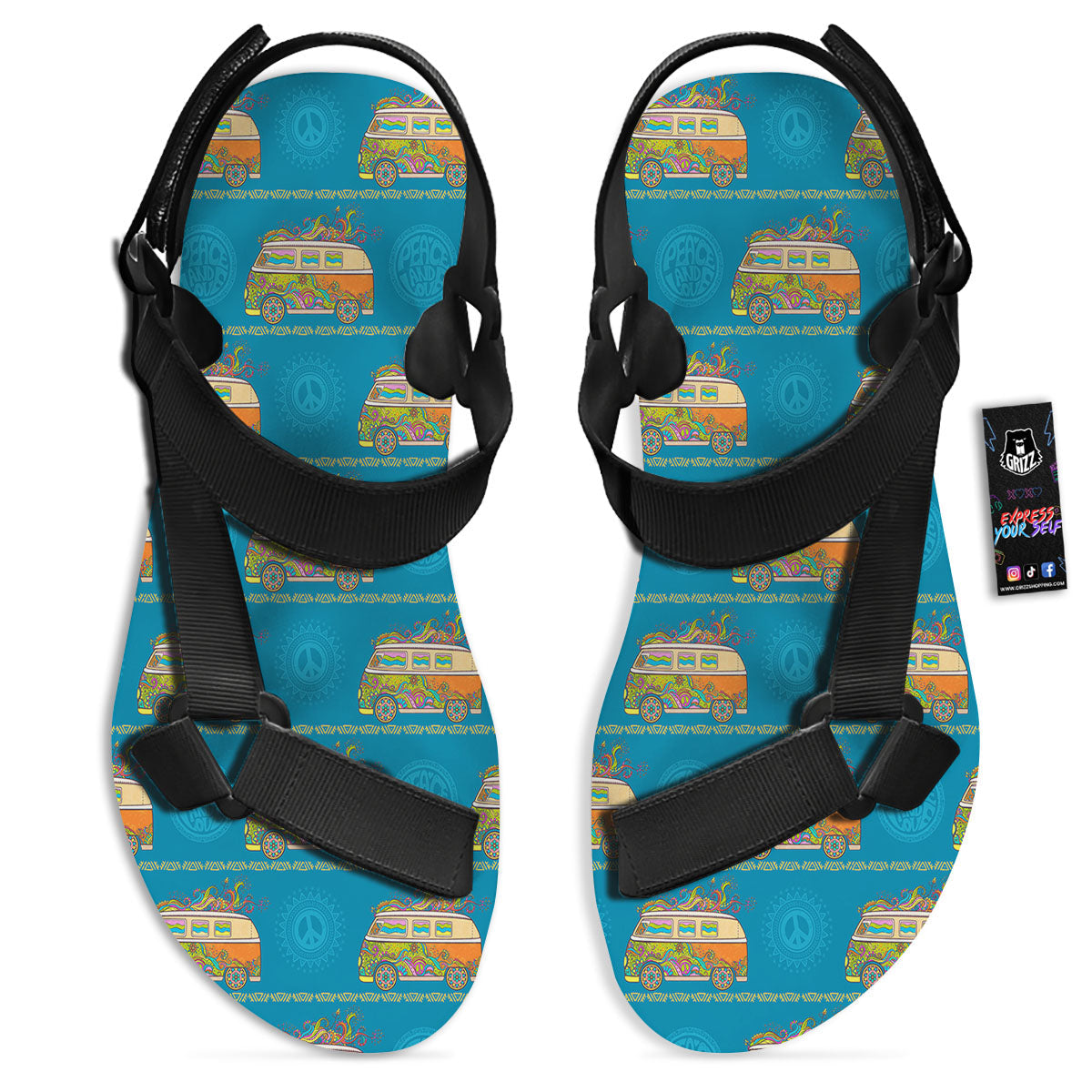 Van Hippie Vintage Print Pattern Black Open Toe Sandals-grizzshop