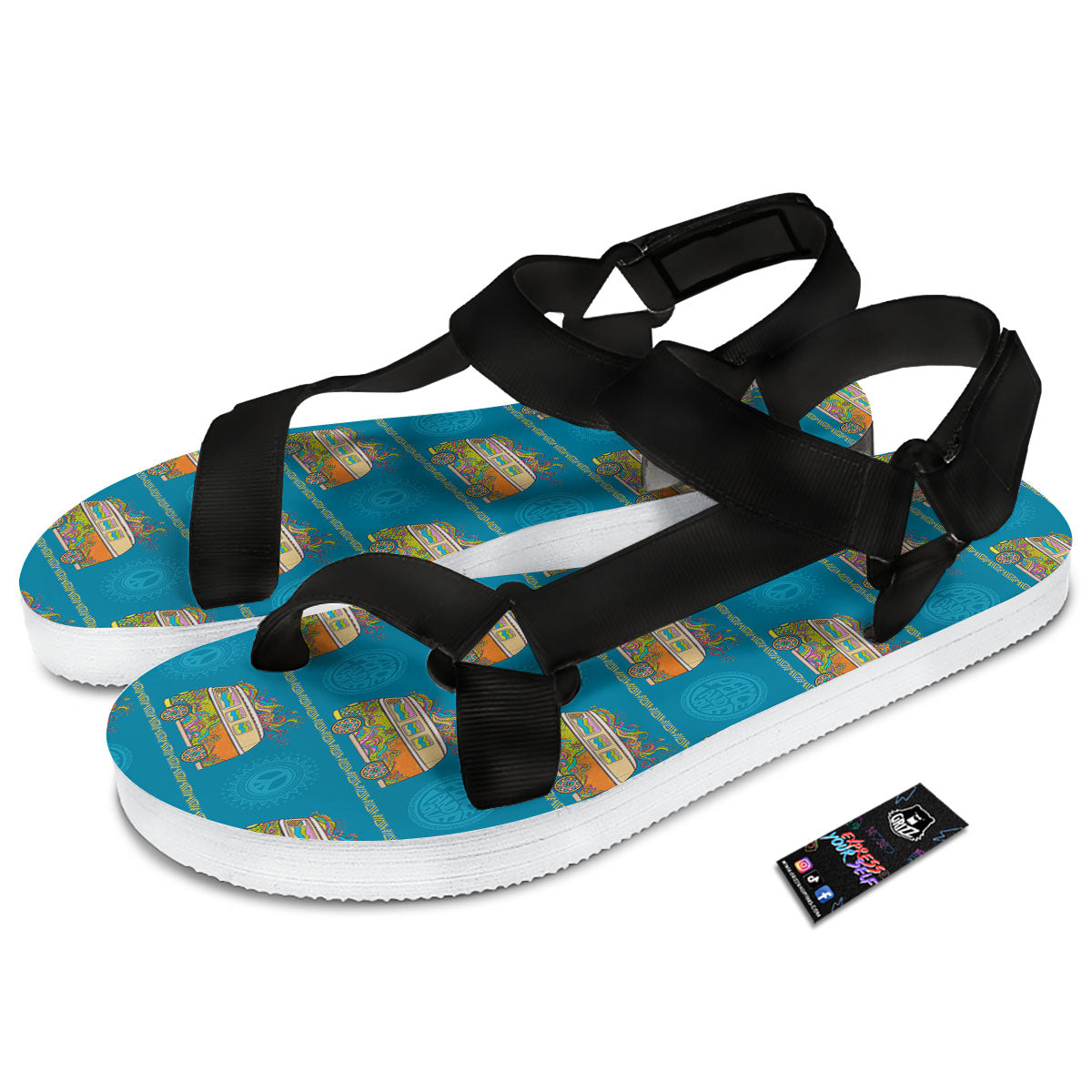 Van Hippie Vintage Print Pattern Black Open Toe Sandals-grizzshop