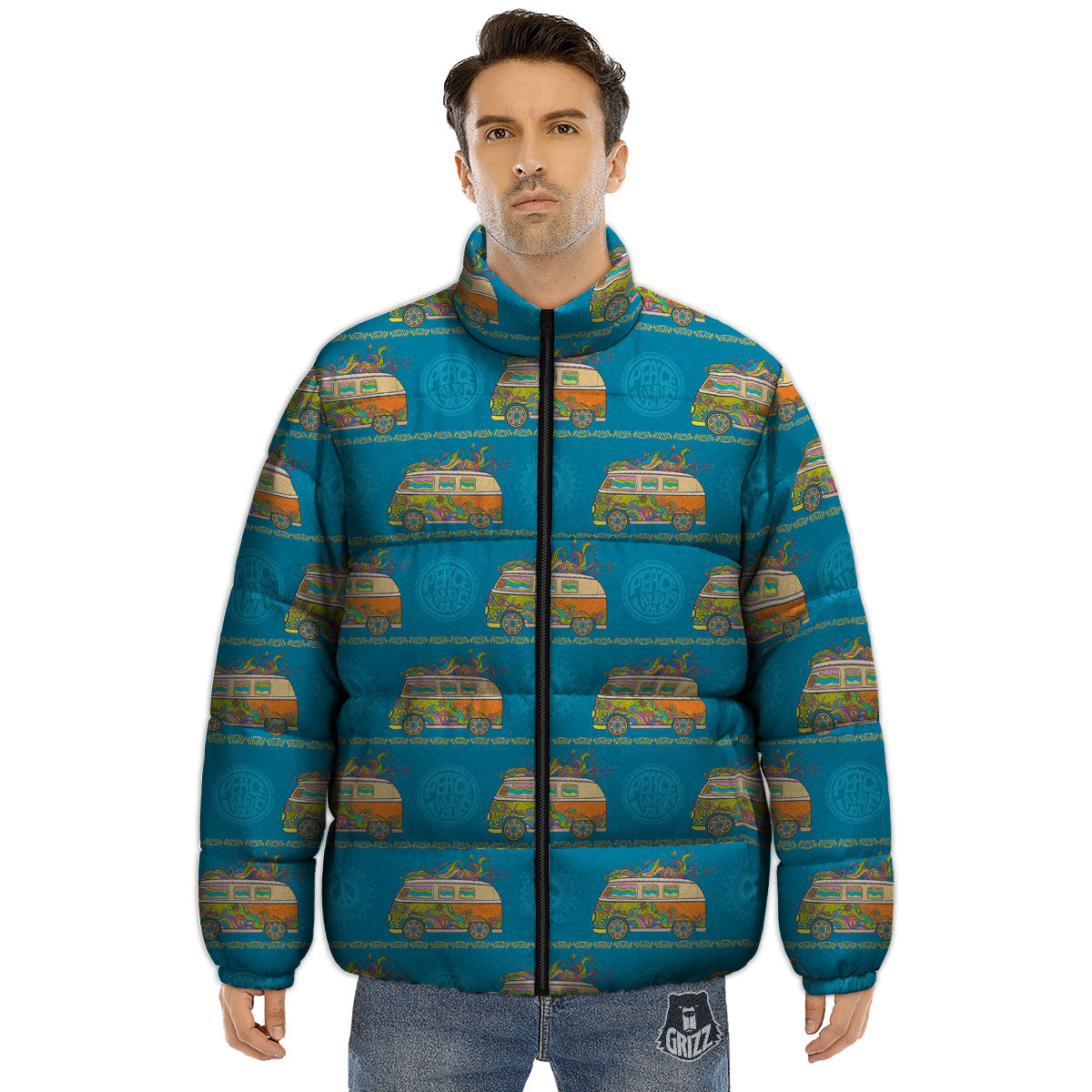 Van Hippie Vintage Print Pattern Puffer Jacket-grizzshop