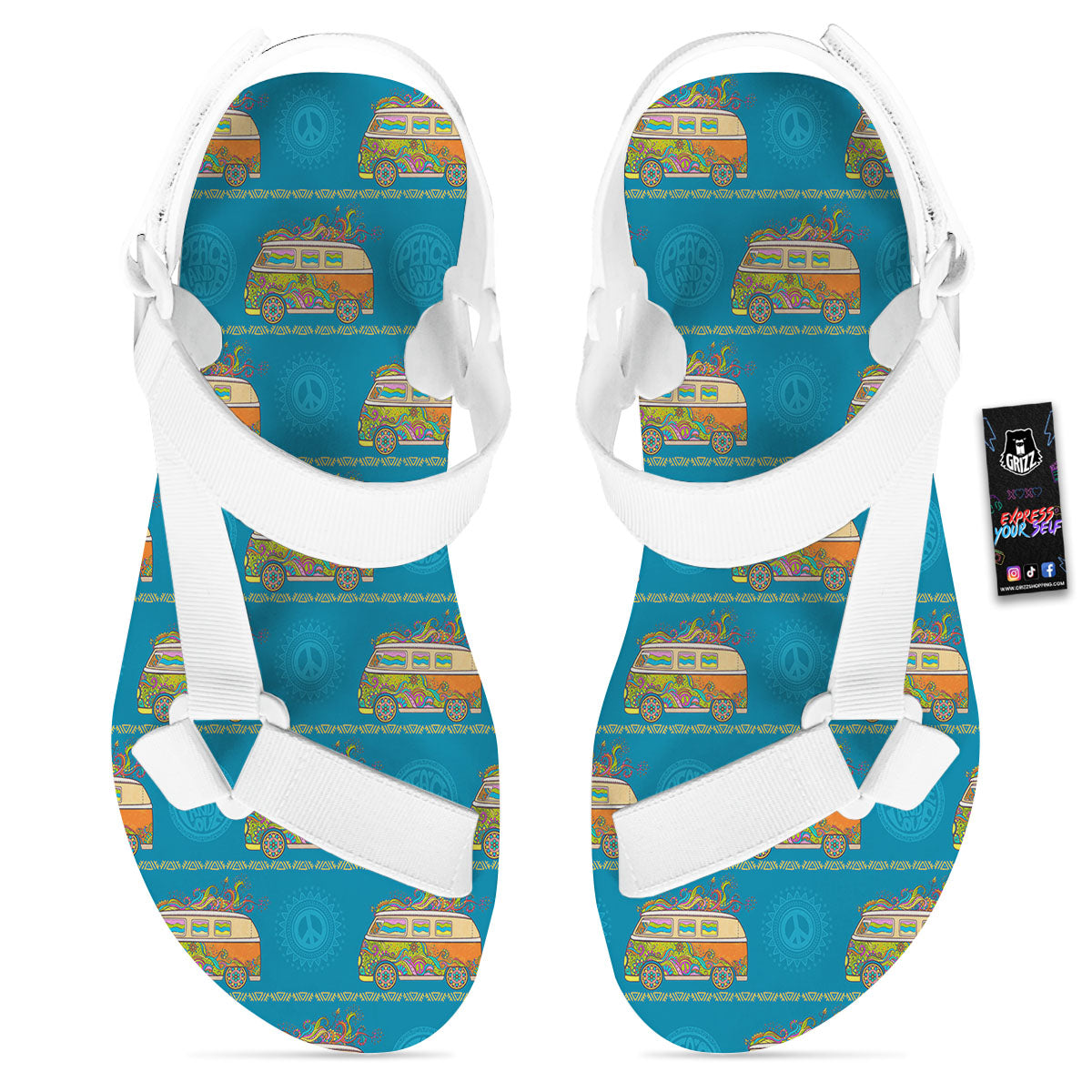 Van Hippie Vintage Print Pattern White Open Toe Sandals-grizzshop