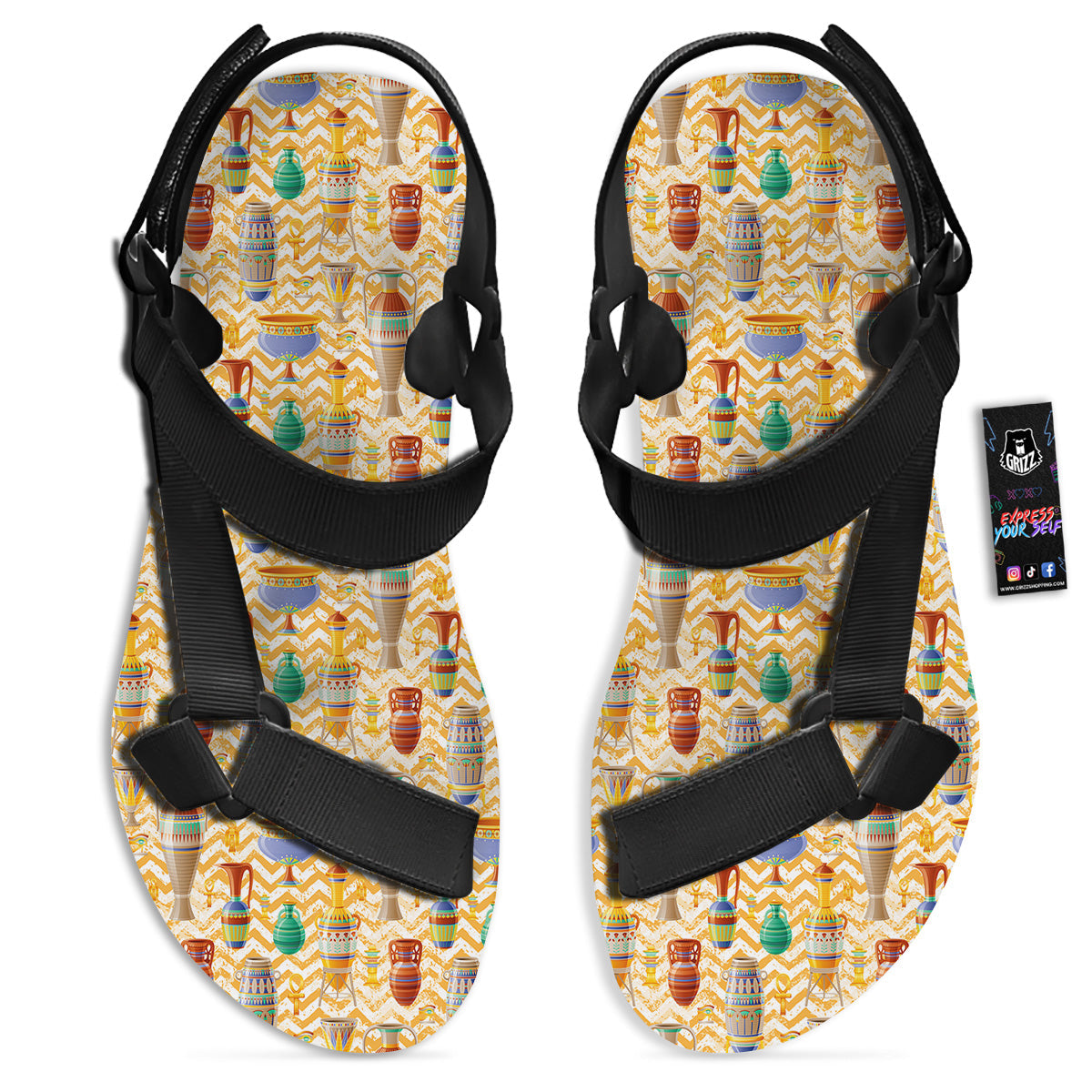 Vase And Pottery Ancient Egyptian Print Pattern Black Open Toe Sandals-grizzshop
