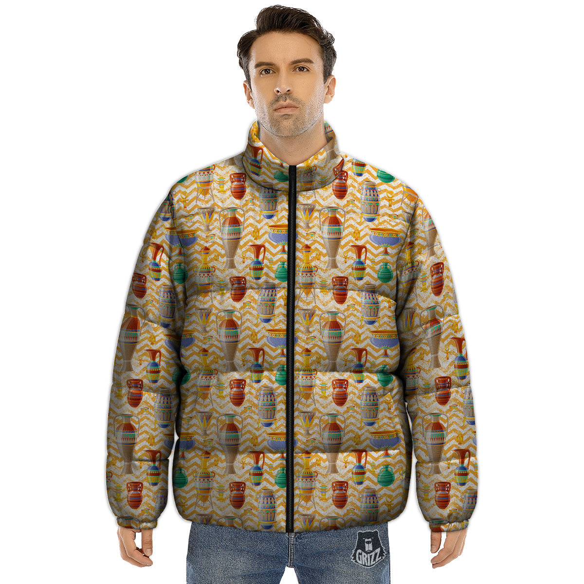 Vase And Pottery Ancient Egyptian Print Pattern Puffer Jacket-grizzshop