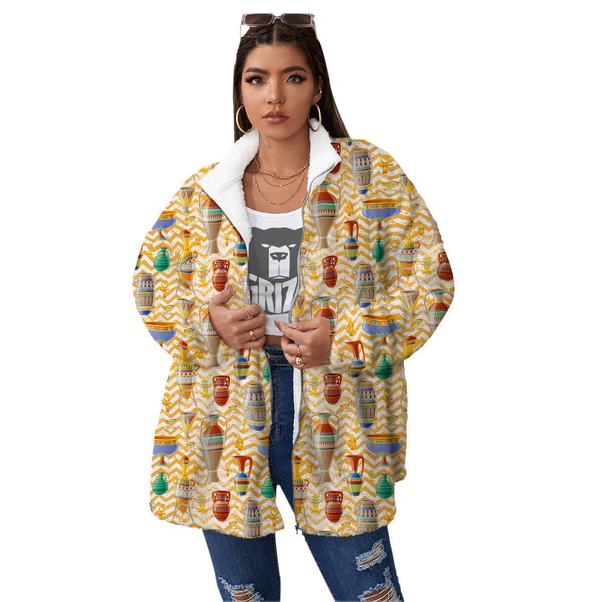 Vase And Pottery Ancient Egyptian Print Pattern Women's Sherpa Jacket-grizzshop