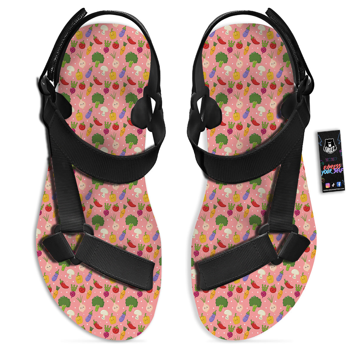 Vegan Cute Print Pattern Black Open Toe Sandals-grizzshop