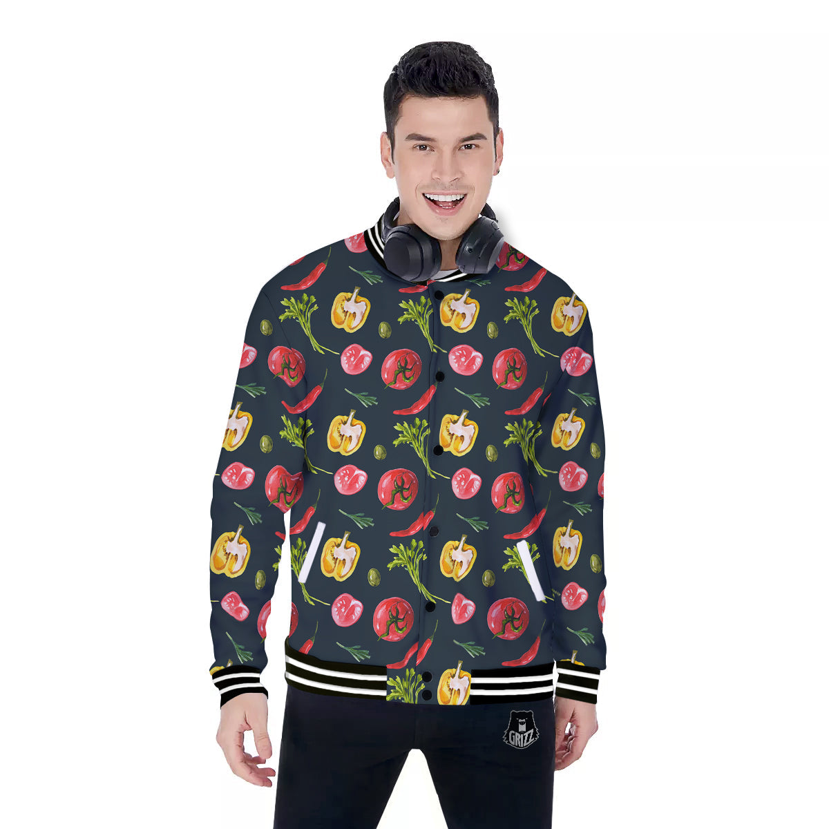 Vegan Watercolor Print Pattern Baseball Jacket-grizzshop