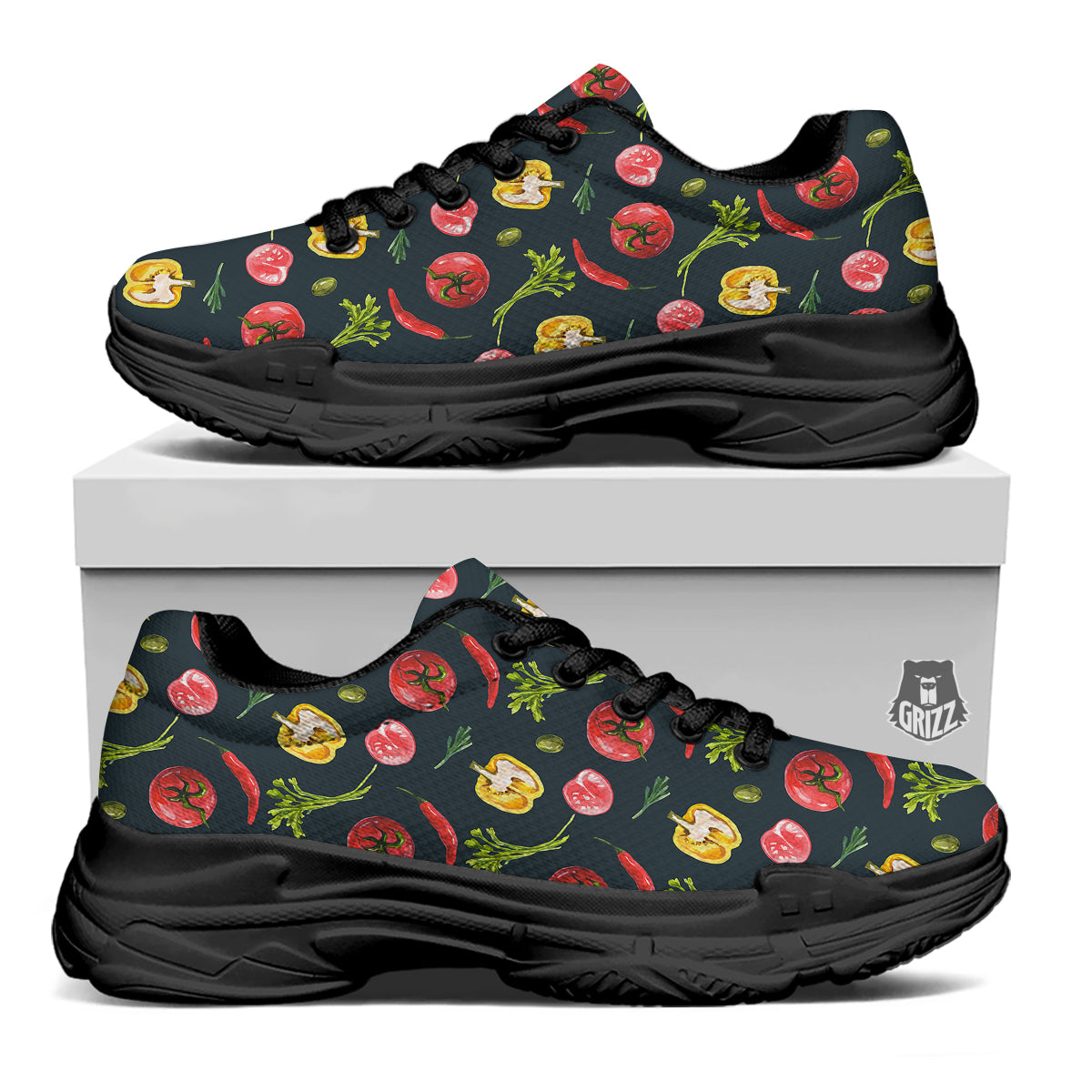 Vegan Watercolor Print Pattern Black Chunky Shoes-grizzshop