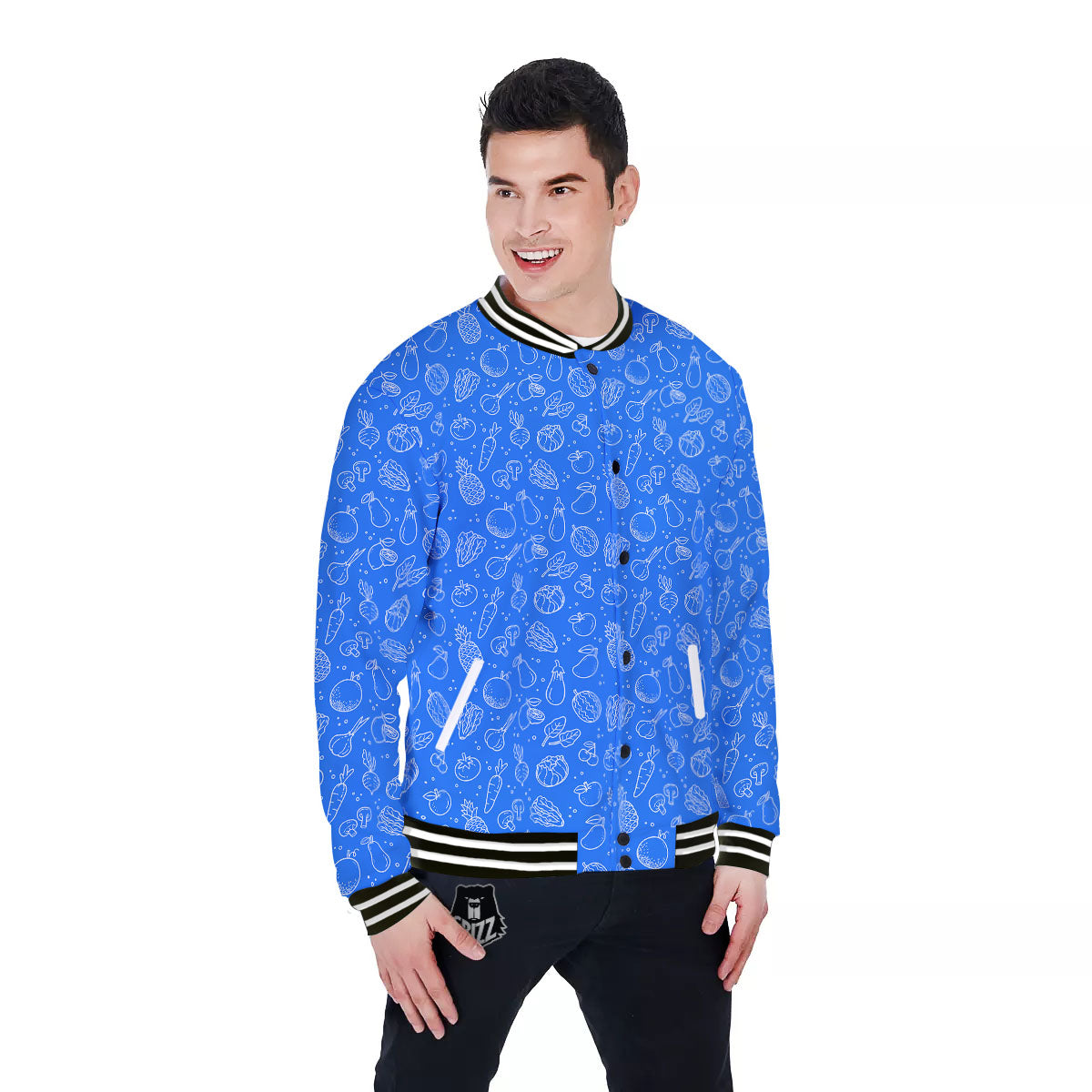 Vegan White And Blue Print Pattern Baseball Jacket-grizzshop