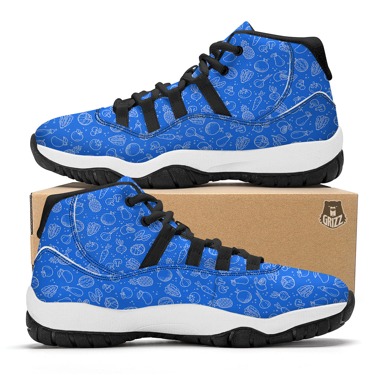 Vegan White And Blue Print Pattern Black Bball Shoes-grizzshop