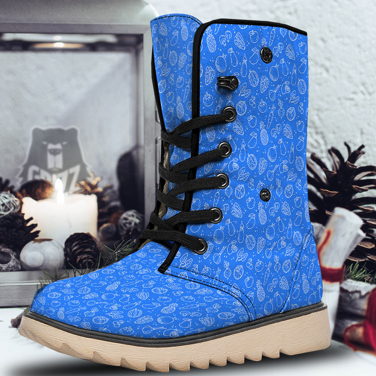Vegan White And Blue Print Pattern Snow Boots-grizzshop