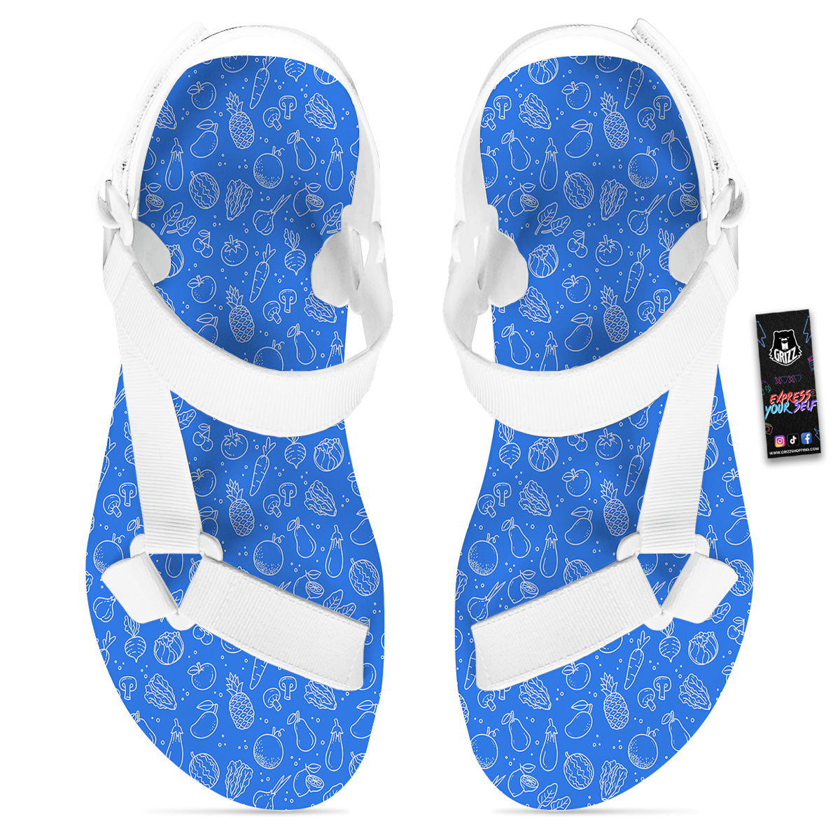 Vegan White And Blue Print Pattern White Open Toe Sandals-grizzshop