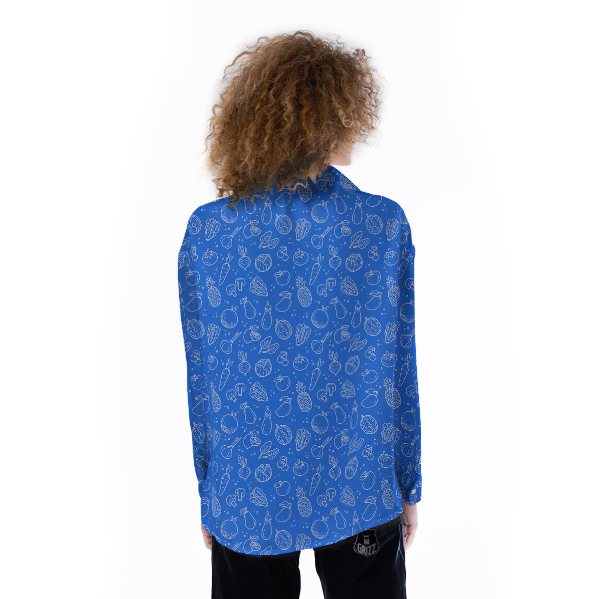 Vegan White And Blue Print Pattern Women's Long Sleeve Shirts-grizzshop