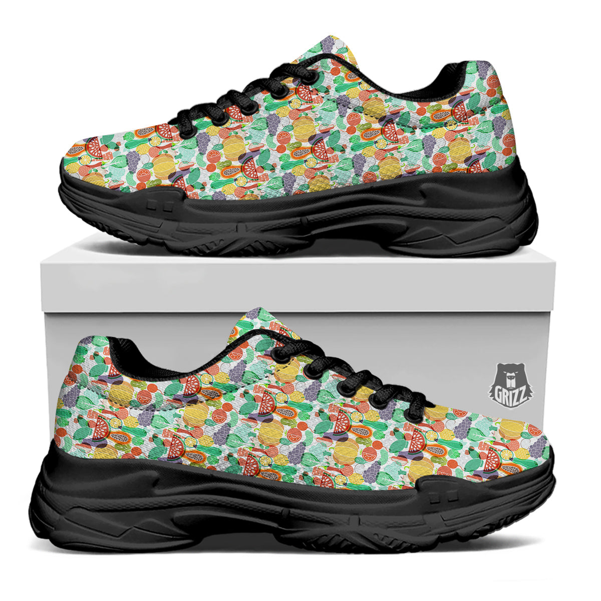 Vegetable Colorful Print Pattern Black Chunky Shoes-grizzshop