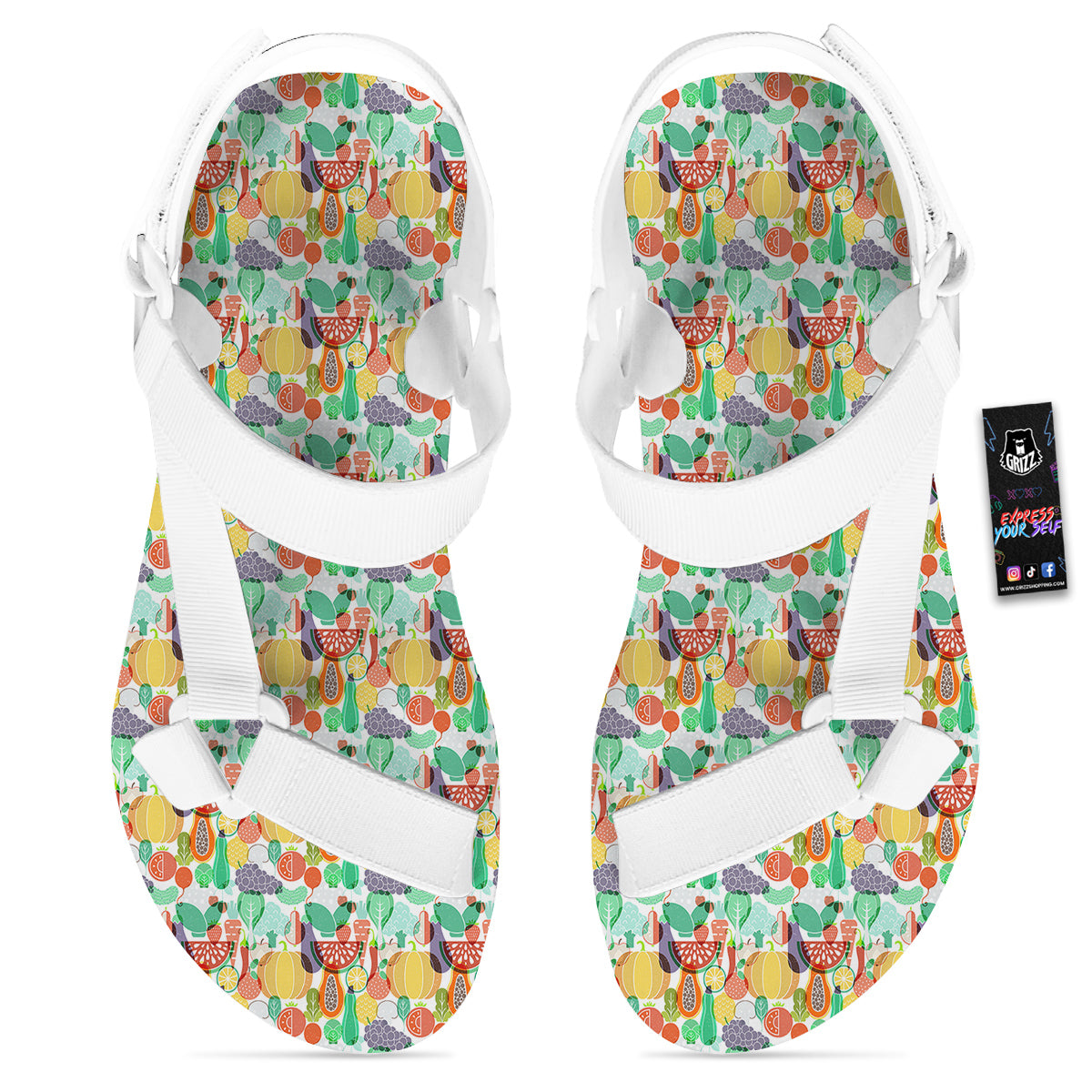 Vegetable Colorful Print Pattern White Open Toe Sandals-grizzshop