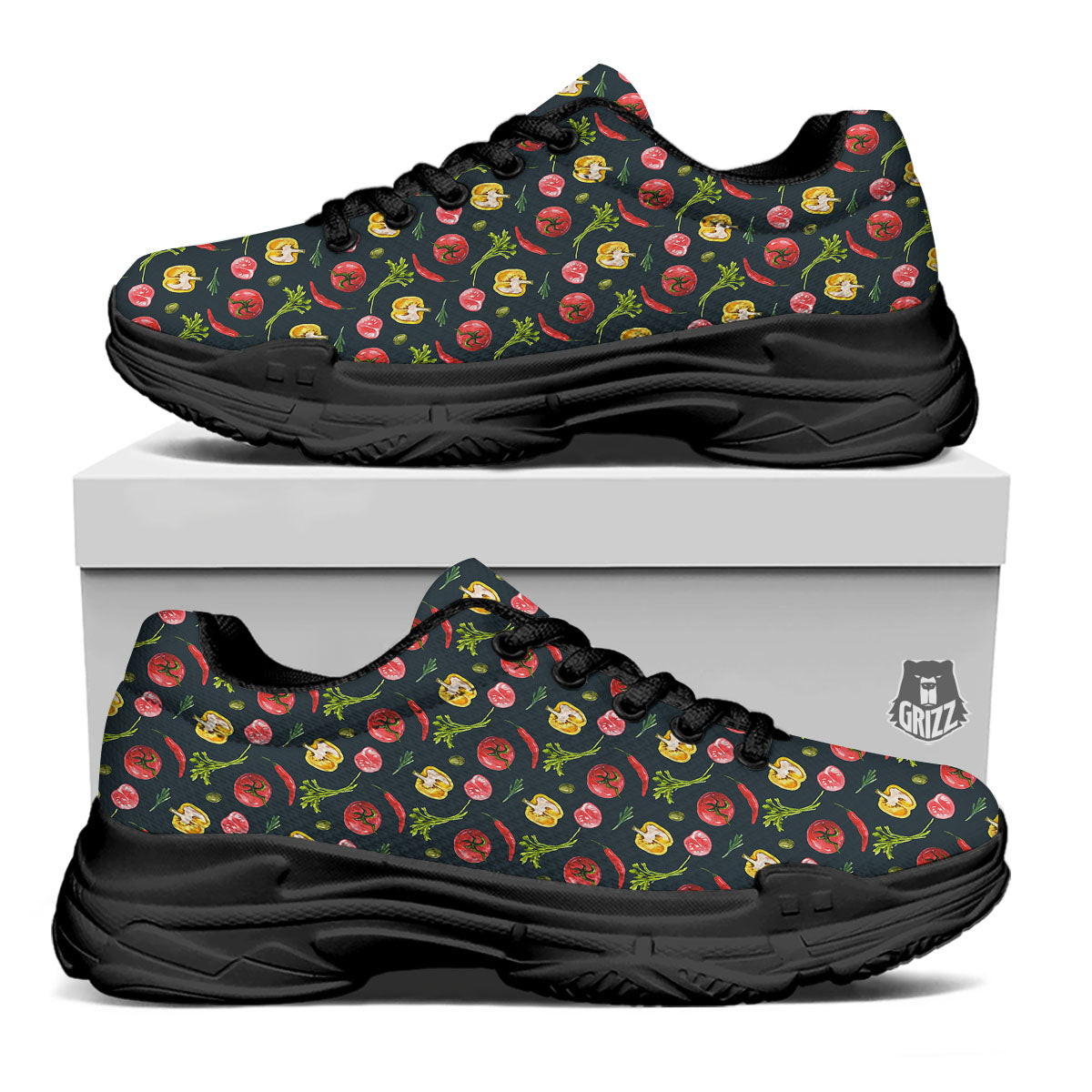 Vegetable Print Pattern Black Chunky Shoes-grizzshop