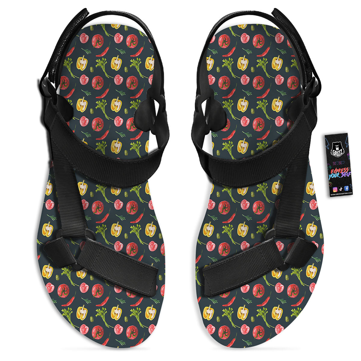 Vegetable Print Pattern Black Open Toe Sandals-grizzshop
