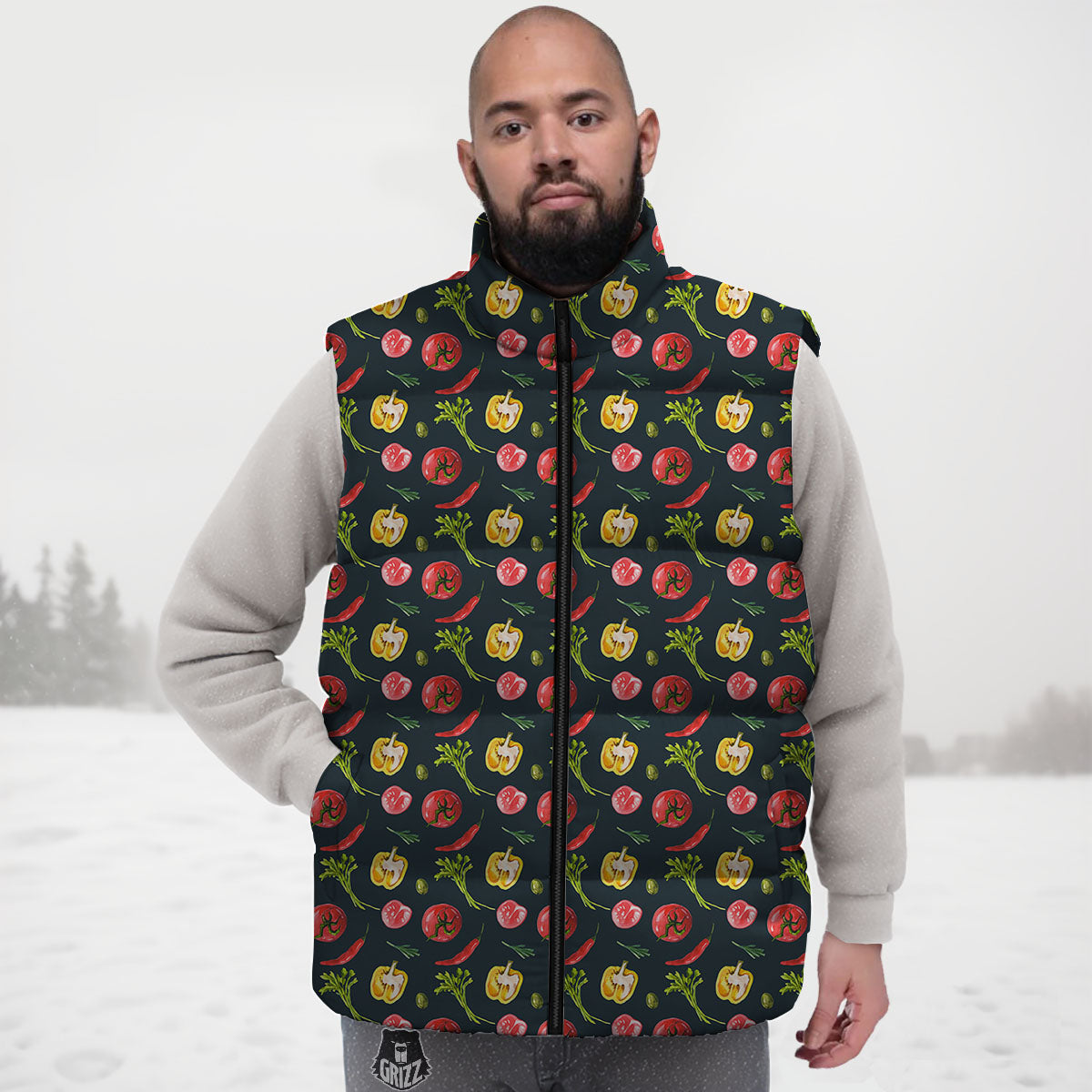 Vegetable Print Pattern Down Vest-grizzshop