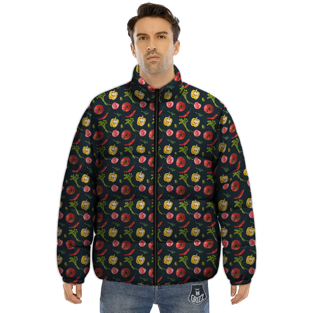 Vegetable Print Pattern Puffer Jacket-grizzshop