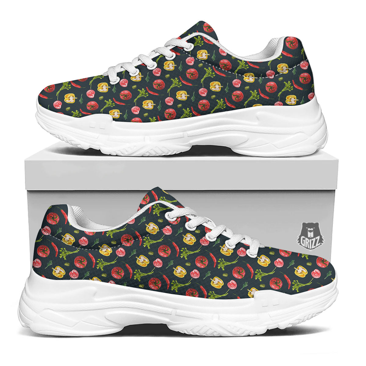Vegetable Print Pattern White Chunky Shoes-grizzshop