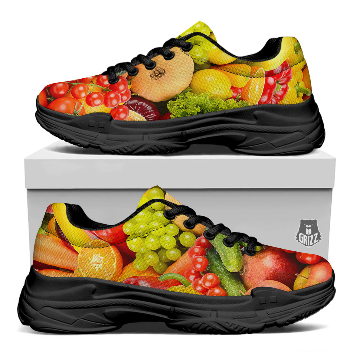 Vegetables And Fresh Fruits Print Black Chunky Shoes-grizzshop