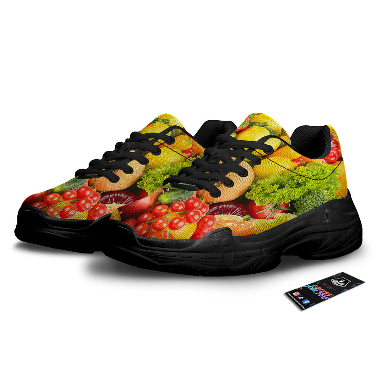 Vegetables And Fresh Fruits Print Black Chunky Shoes-grizzshop