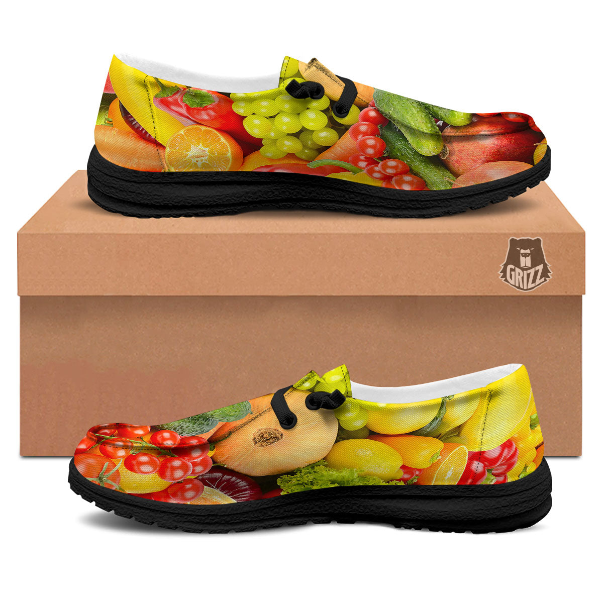 Vegetables And Fresh Fruits Print Black Loafers-grizzshop