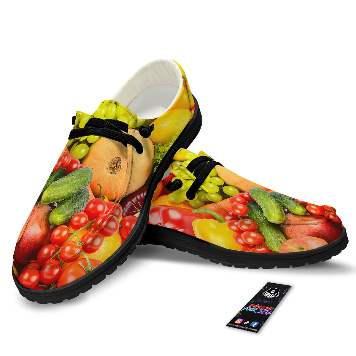 Vegetables And Fresh Fruits Print Black Loafers-grizzshop