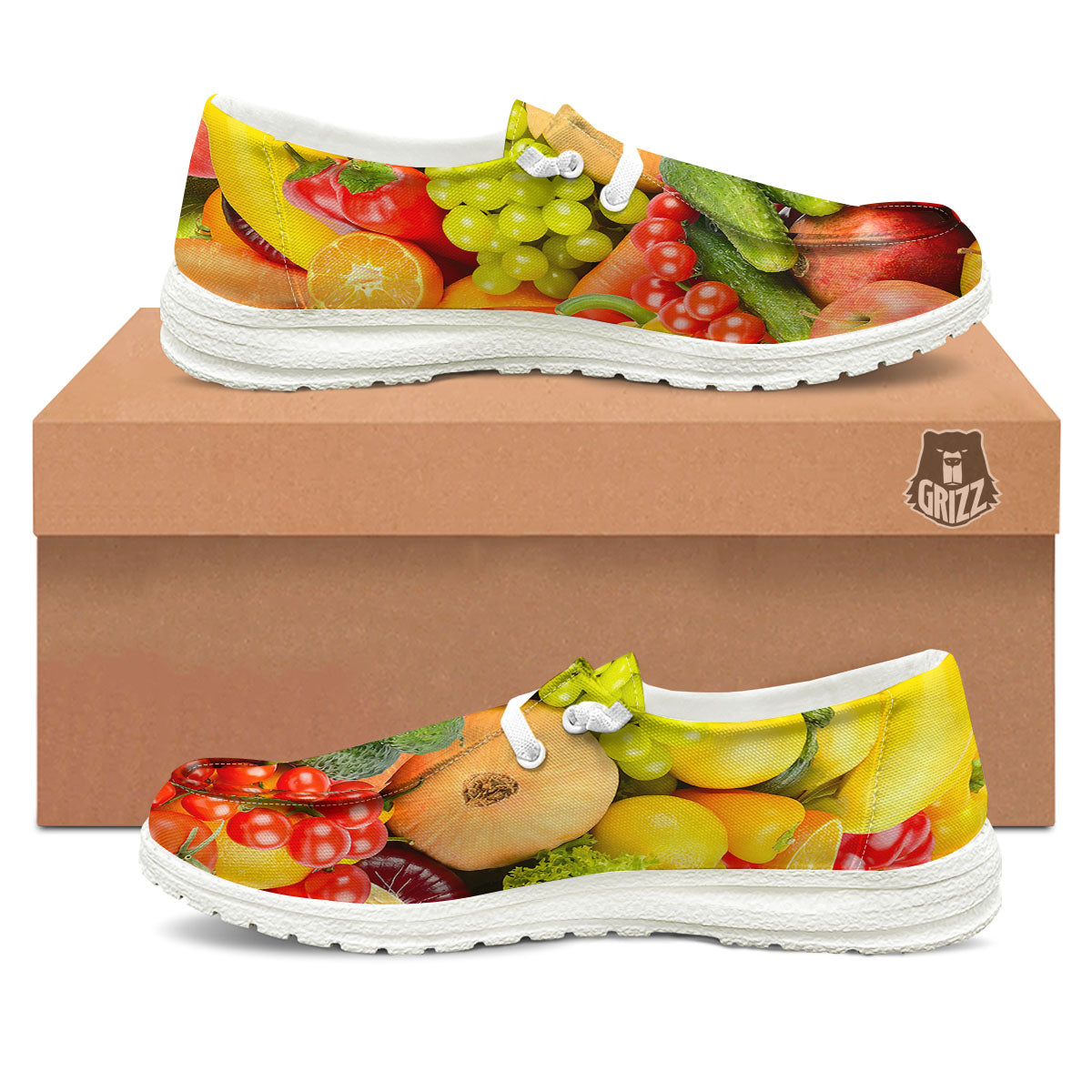 Vegetables And Fresh Fruits Print White Loafers-grizzshop