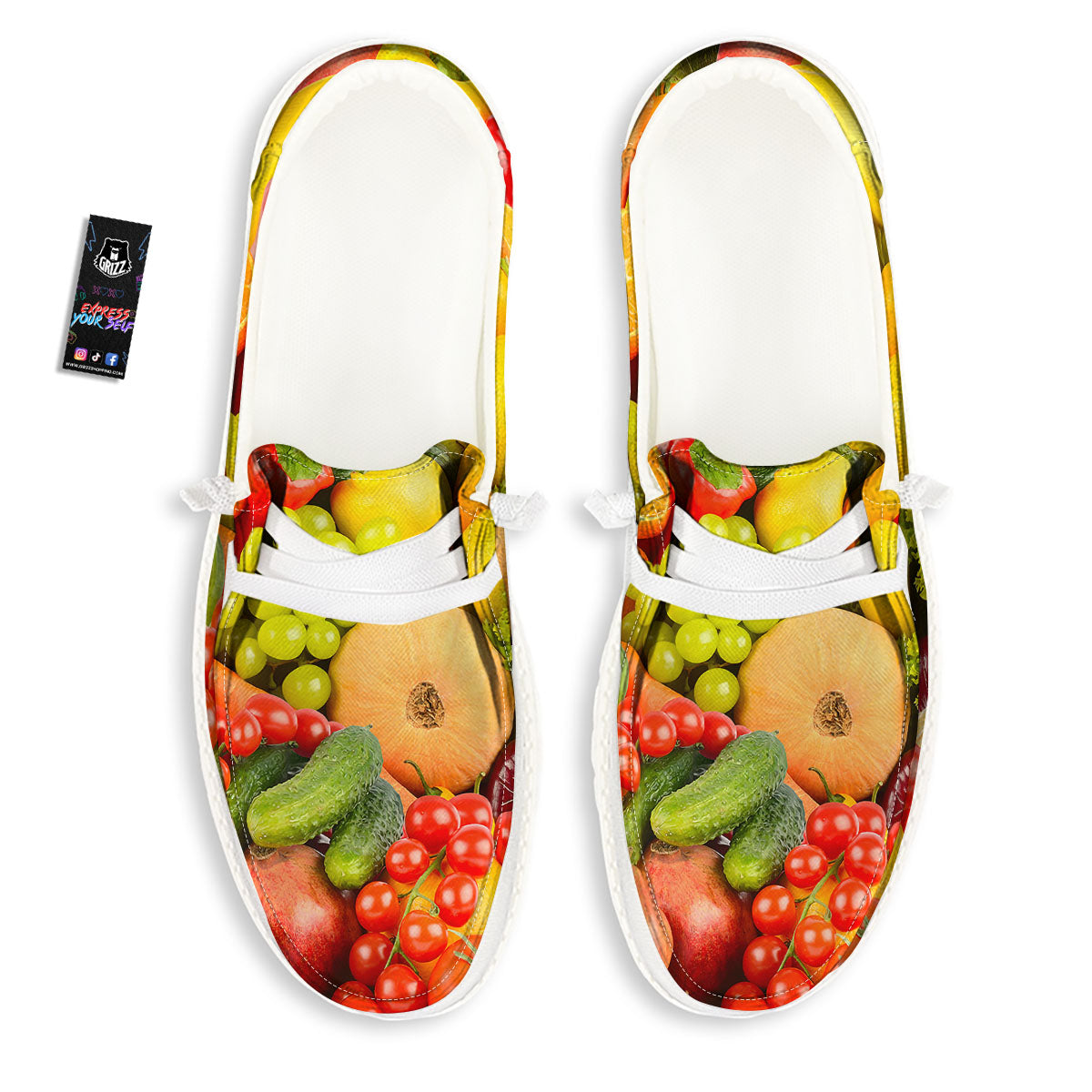Vegetables And Fresh Fruits Print White Loafers-grizzshop