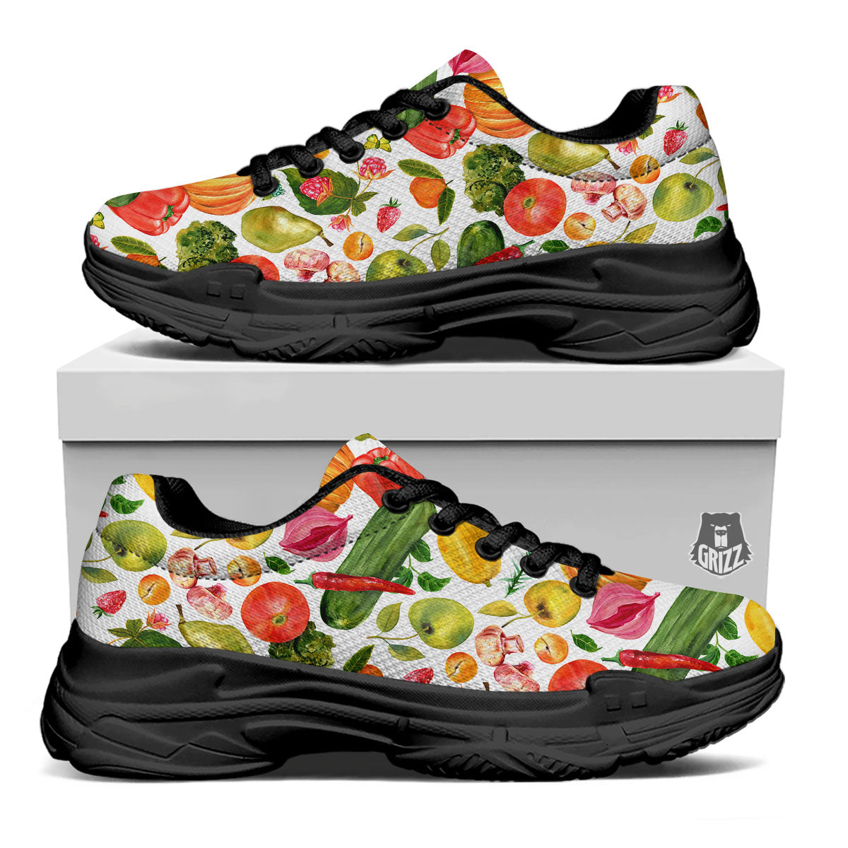 Vegetables And Vegan Fruits Print Pattern Black Chunky Shoes-grizzshop
