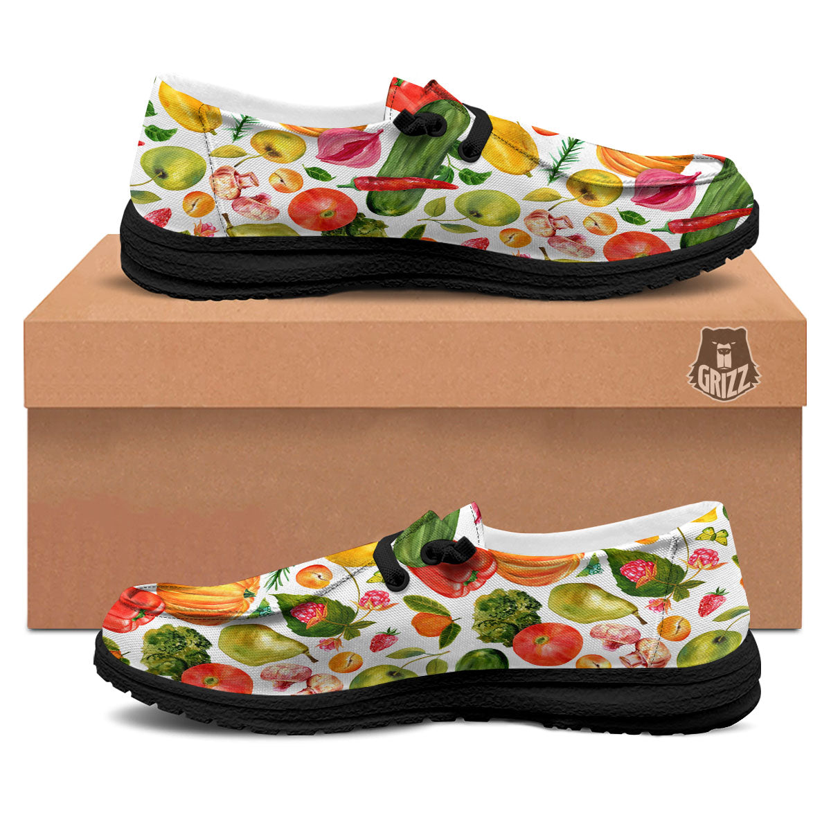 Vegetables And Vegan Fruits Print Pattern Black Loafers-grizzshop