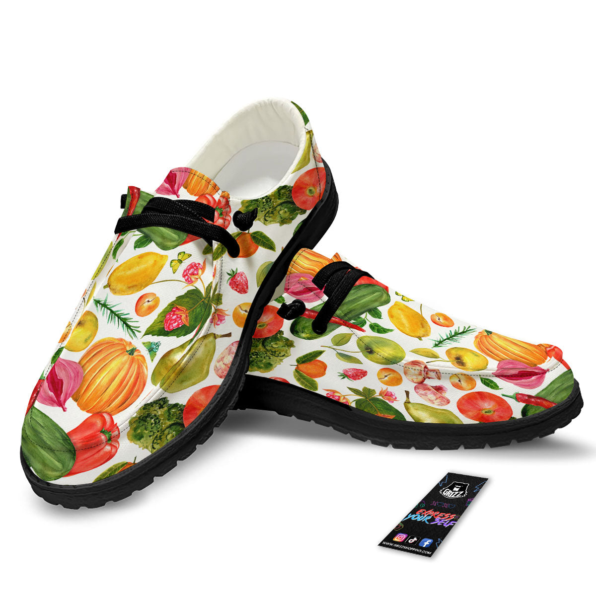 Vegetables And Vegan Fruits Print Pattern Black Loafers-grizzshop