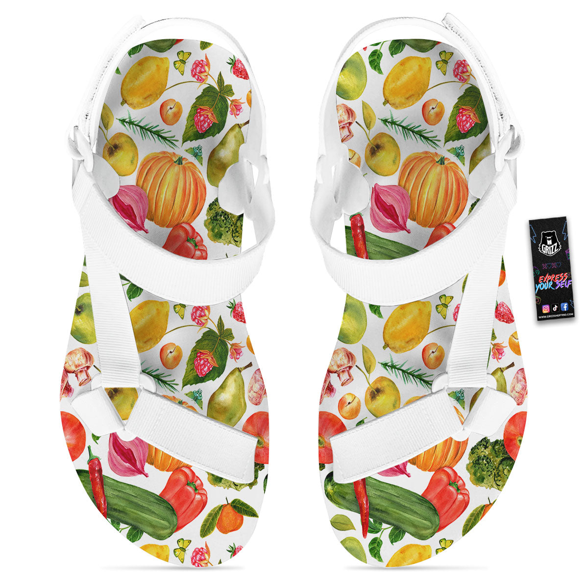 Vegetables And Vegan Fruits Print Pattern White Open Toe Sandals-grizzshop