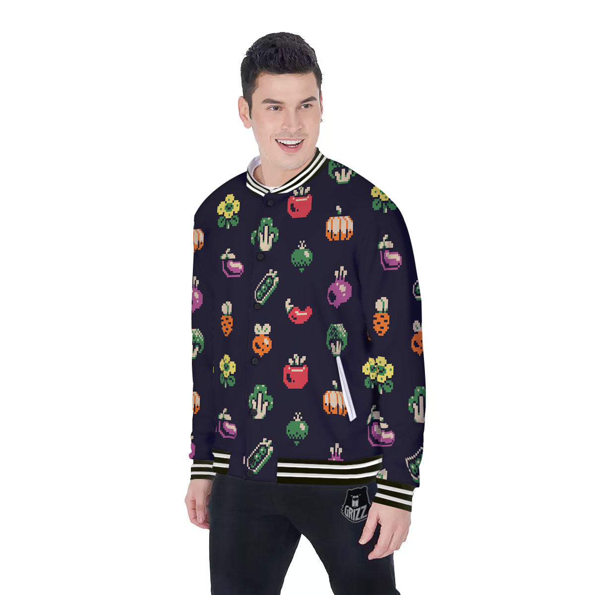 Vegetables Pixel Print Pattern Baseball Jacket-grizzshop