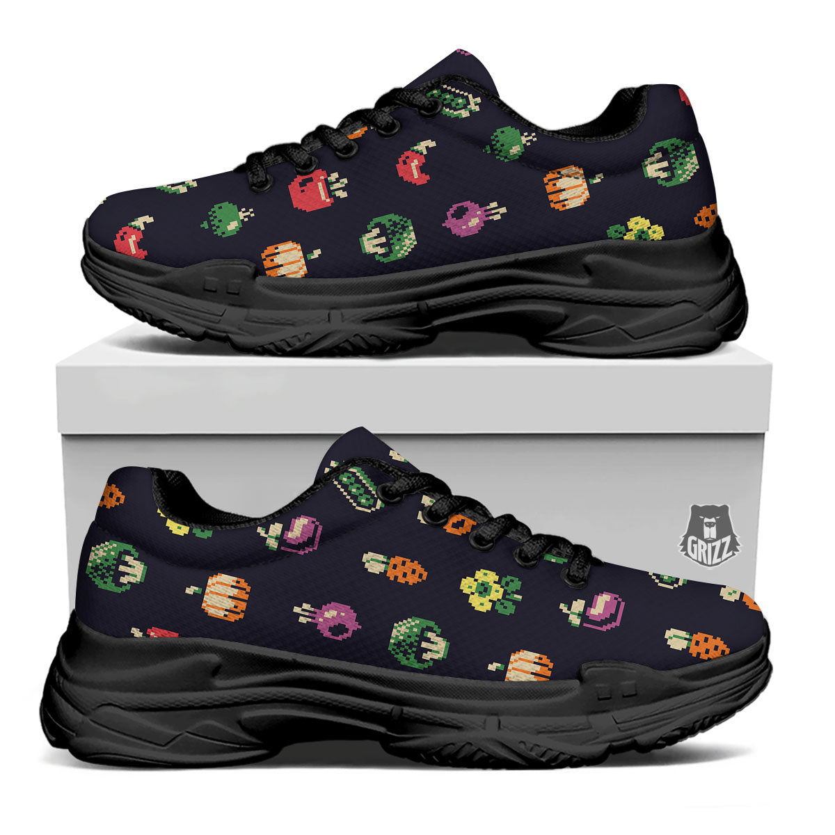 Vegetables Pixel Print Pattern Black Chunky Shoes-grizzshop